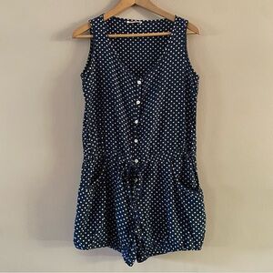 John Patrick Organic Navy Polk Dot Romper Silk/Cotton Pockets Size SMALL